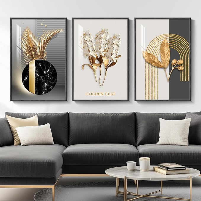 Large Framed Modern Luxury Wall Art for Living Room, 3 Piece 24x36 Inch | Black White Gold Art Prints , Crystal coating wall pictures, Contemporary pictures for bedroom dining room office hallway