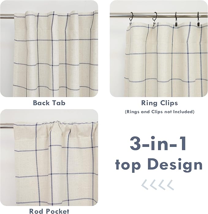 DriftAway 100% Blackout Plaid Curtains 96 Inches Long 2 Panels Navy Blue | 100% Blackout, Linen Texture, Plaid Pattern, Two Layers, Rod Pocket & Back Tab, Bedroom Living Room Use, Luxury Appearance