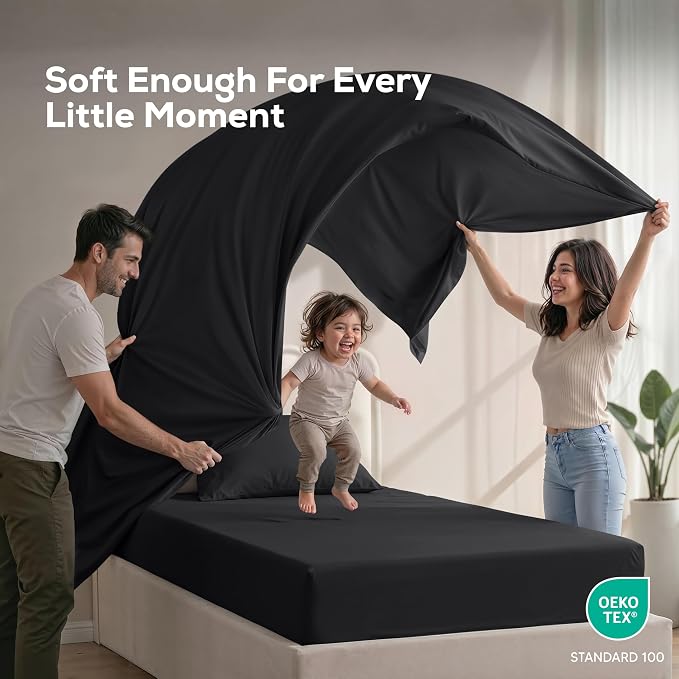 Twin Sheets Set, 3 Pieces 16" Deep Pocket Hotel Luxury Bed Sheets, Black | Extra Soft Bedsheet Set, Comfy & Breathable Cooling Sheets, Wrinkle & Fade Resistant, Fitted Sheet, Flat Sheet, 1 Pillowcase