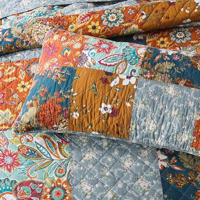 VISIMISI Cotton Bedspread Quilt Sets Reversible Bedding Coverlet Sets 3 Pieces Paisley Vintage Floral Yellow Blue Patchwork Bedspread, King Size