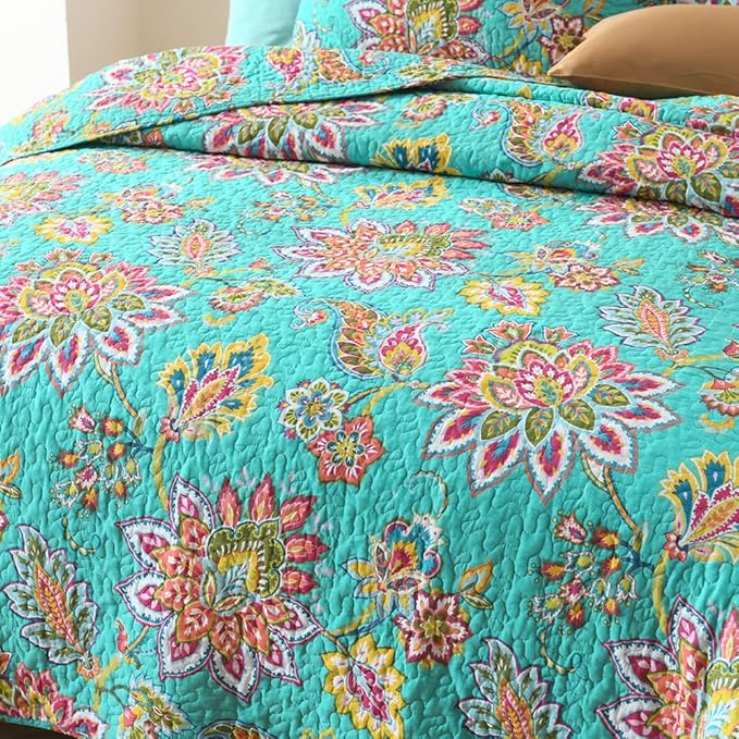 Wistown Cotton Bedspread Bedding Coverlet Quilt Sets, Reversible Vintage Branch Floral Bedspread comforters, (Vintage Turquoise Paisley Floral Pattern, Queen Size)