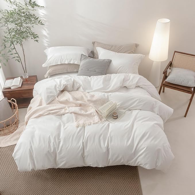 BDEAR 3Pcs Off White Duvet Cover Set King Size 104" W x 90" L, Oeko TEX | 100% Washed Cotton, 1 Duvet Cover with 2 Pillowcases, Zipper Closure, 8 Corner Ties,Linen-Liked Texture, Skin Friendly