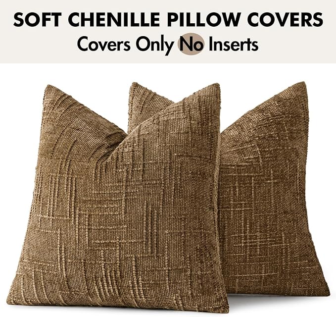 MIULEE Chenille Textured Fall Throw Pillow Covers Bronze 18x18 Set of 2 | Slubby Decorative Pillows, Boho Farmhouse Rustic Home Decor, Modern Neutral Cushion Covers for Couch Sofa Bed Living Room