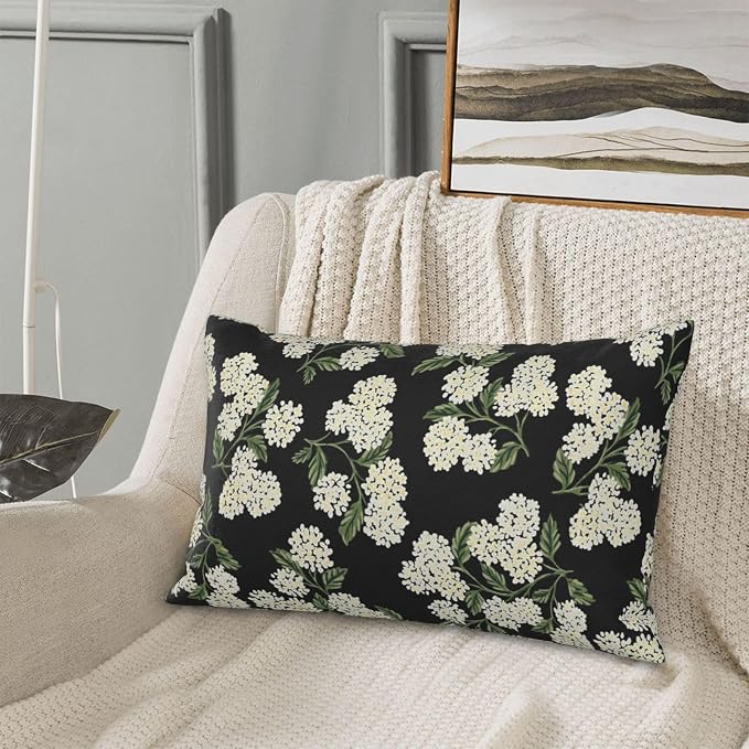 Black Spring Pillow Covers 12x20 Inch 2 Pcs Green Hydrangea Flower Decor Throw Pillows Vintage Floral Seasonal Summer Outdoor Decoration Pillowcase Linen Cushion Cover for Couch Sofa