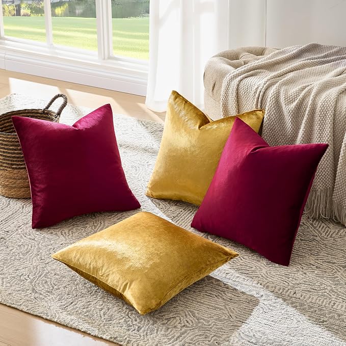 GIGIZAZA Pack of 4 Decorative Velvet Pillow Covers 18x18 Burgundy Gold | Throw Pillows for Couch Sofa,280gsm Soft Textured Fabric,Modern Accent Pillowcases,Luxury Living Room Cushion Covers