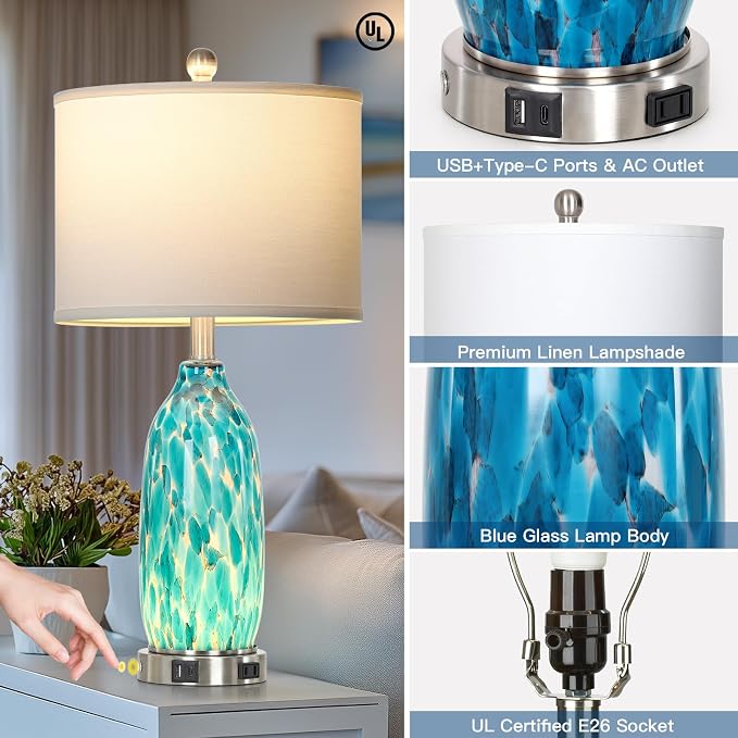 Rinweey 26" Peacock Green Glass Table Lamp for Bedroom Living Room,Coastal Nautical Bedside Lamps with USB Ports & AC Outlet,Touch Lamps with Night Light,Single Peacock Green