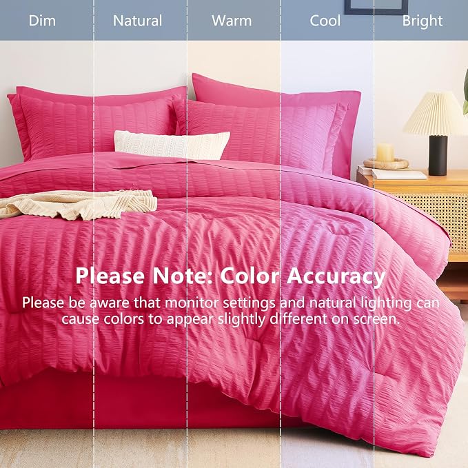 King Size Comforter Set, 7 Pieces Hot Pink Seersucker Bed in a Bag | OEKO-TEX Certified, All Season Bedding Set with 240 GSM Down Alternative Comforter, Flat & Fitted Sheets, Pillowcases & Shams