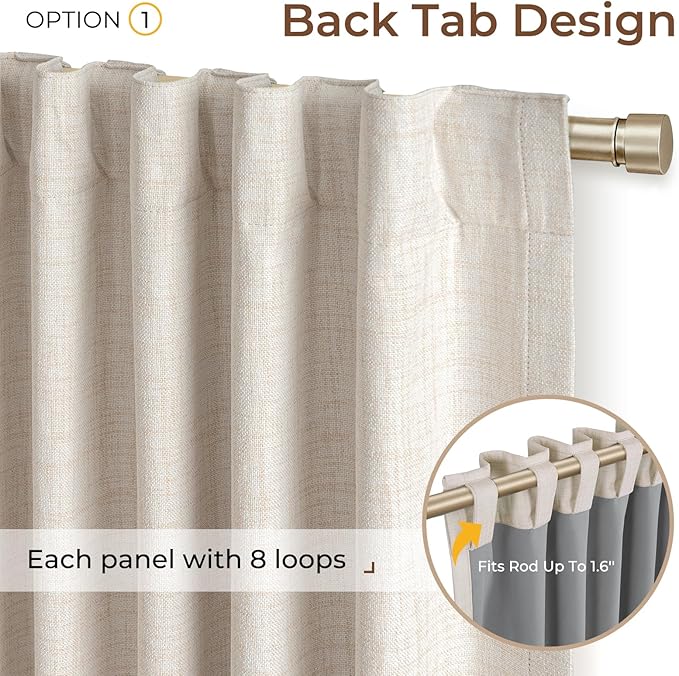 INOVADAY 100% Blackout Linen Curtains for Bedroom 50x96 Inches Cream | Linen Textured, Light Blocking, Room Darkening, Thermal Insulated, Back Tab Top, Window Curtains for Living Room, 2 Panels