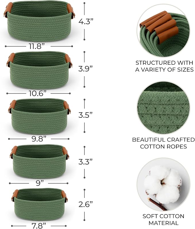 Beautiful Storage Basket Set of 5 - Sturdy Cotton Rope Baskets for Shelves | Perfect for Organizing Your Home - Quality Storage Bins Easily Fit with Any Nursery or Bedroom Decor