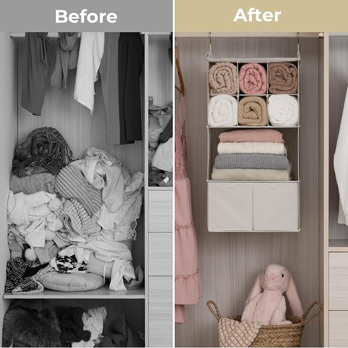 GRANNY SAYS 4-Shelf Hanging Closet Organizer with Drawer, Foldable Storage | Dividers Closet Hanging Organizer, No-Sag Support, Keeps Clothes Neat, Folds Flat, Fits RV, Dorm & Small Closets, Beige