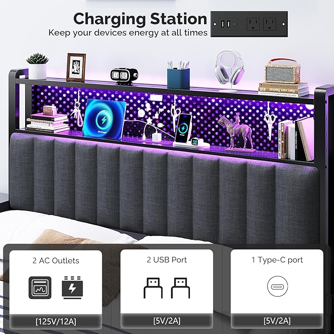 VINGLI Queen Size Headboard Only, Adjustable Upholstered Headboard with 2 Tier Shelves and Pegboard with Charging Stations and LED Lights, Modern Bed Headboard with Storage for Bedroom Decor