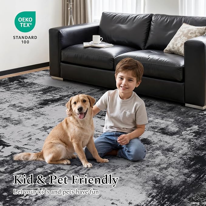 Rugflix 2x3 Entrance Rugs, Washable Black Grey Dark Entry Small Rug | Machine Washable; Stain-Resistant; Low Pile; Non-Slip; Modern Abstract; Black Carpet for Entryway Kitchen Hallway Home