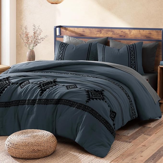 MaiRêve Embroidery King Size Comforter Set 7 Pieces Blue Grey Bed in a Bag | Western Boho Farmhouse Bedding Sets with Comforter, Sheets, Pillowcases & Shams