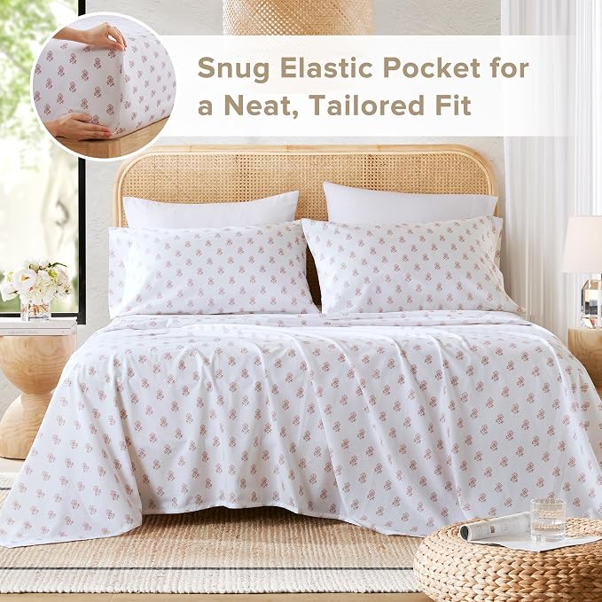 Comfort Spaces 100% Cotton Percale Sheets Twin Sheet Set 3 Pcs, Floral Pink | Crisp, Cool & Breathable Bed Sheets, 12" Deep Pocket Fits Up to 14" Mattress, Lightweight, All Season Cozy, with Pillow Case