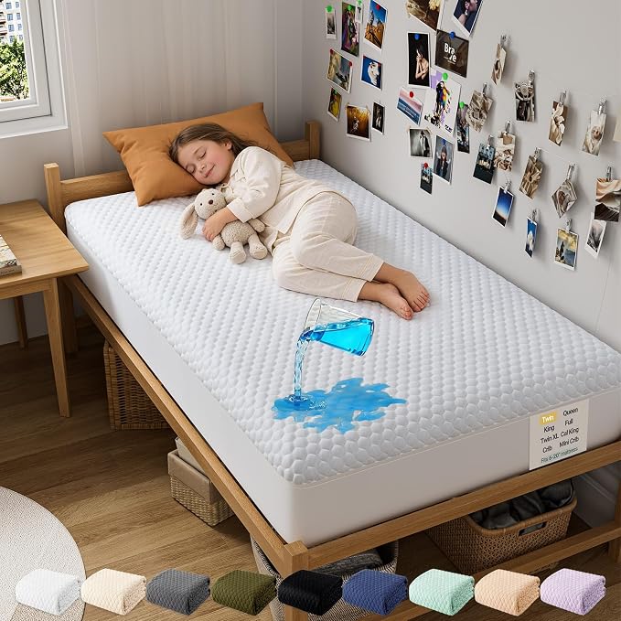 OhGeni 100% Waterproof Mattress Protector,Twin Size Premium Bamboo Soft Thick Pad,3D-Air Fabric Cooling Breathable Fitted Sheets,Washable Bed Cover for Kids Toddler Bedwetting Over 99 Count Hex Bumps