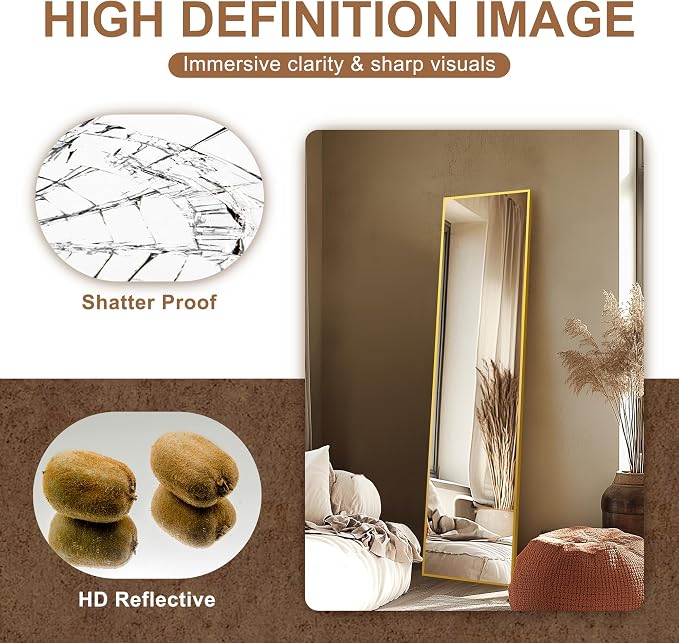 Full Length Mirror with Stand, 56x15 Gold Floor Mirror | Aluminium alloy frame with HD float glass for distortion-free reflection. Free standing or wall mounted.