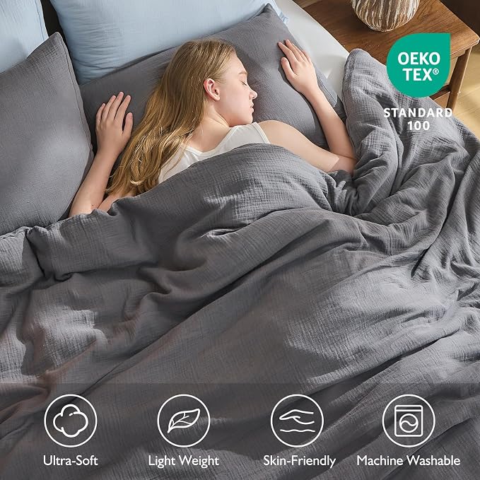 EMME Muslin Cotton Duvet Cover Set Dark Grey Twin Size Linen Like Soft Breathable Lightweight Summer Comforter Cover Set with Zipper Closure (Dark Grey, Twin, 68"x90")
