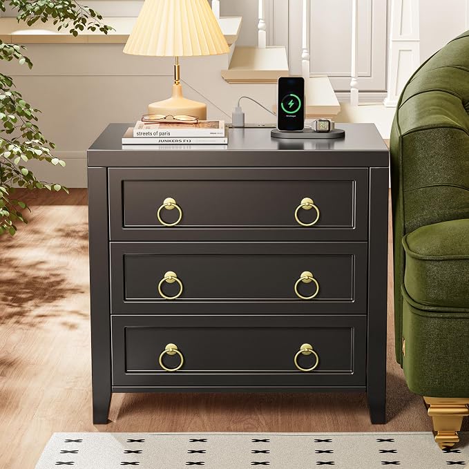 Huuger Paint Night Stand with Charger Station, 3 Drawer Nightstand Set of 2 | Larger Wider Bedside Table with USB-C Port, Modern End Table, for Bedroom, Living Room, Black Nightstand