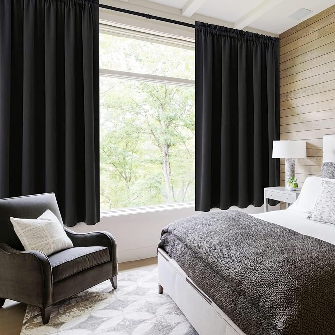 DWCN Wide Blackout Curtains for Bedroom Living Room 70 x 63 Inch Long Black | 2 Panels Set, Room Darkening, Thermal Insulated, Light Blocking, Rod Pocket Drapes, Noise Reducing Window Treatments