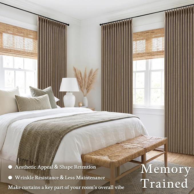 Latte Pleated Linen 100% Blackout 84 Inch Curtains for Bedroom Living Room | Pinch Pleat, Black Out, Thermal Insulated, with Rings Hooks Back Tab, Room Darkening Drapes, Light Brown Curtains with Liner