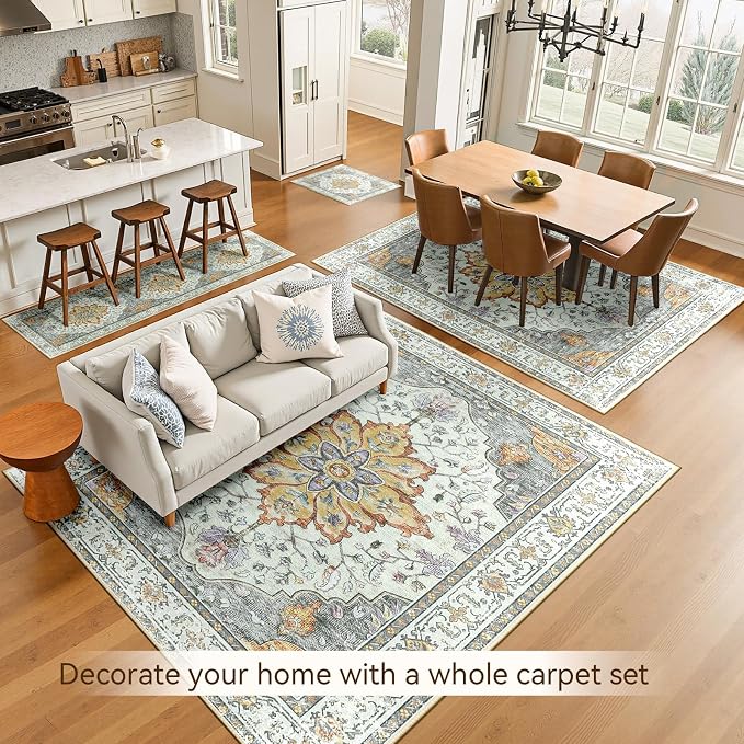 RELEANY Washable Area Rug, 6'x9', Beige/Carbon Grey/Orange | Non-Slip, Water Repellent, Pet Friendly, Easy to Clean, Vintage Floral Boho Decor for Living Room Bedroom Dining Room Office