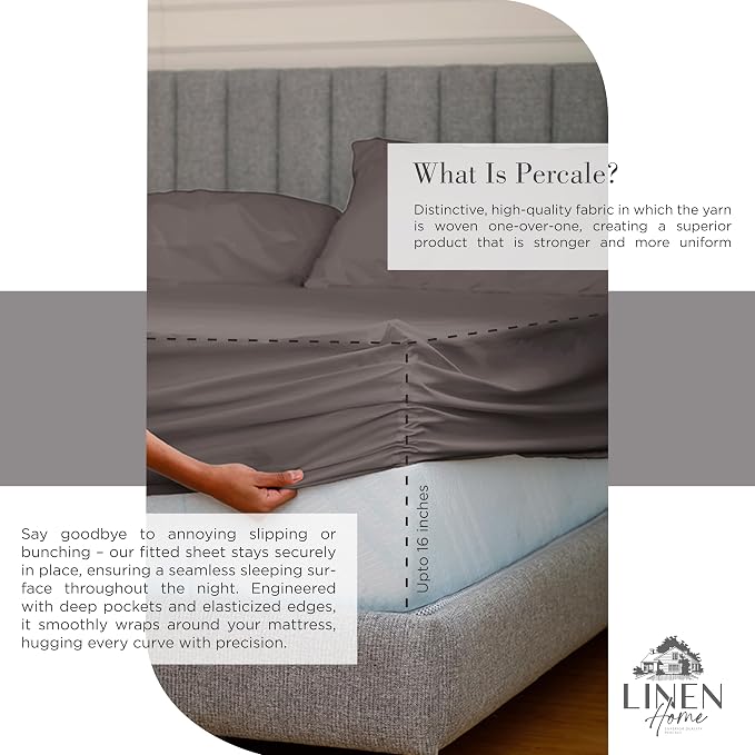 Linen Home 2-Pack Queen Sheet Set, 100% Cotton Percale Bedding, 8-Piece Value Bundle, Deep Pocket Cooling Bed Sheets for Hot Sleepers, Breathable & Crisp Hotel Quality, Long-Staple Cotton, Charcoal