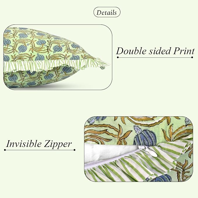 Ridhi Block Print Apple Green Ruffle Lumbar Pillow Shams, 36" x 14" Set-1 | 100% cotton, Floral Pillowcase, Cushion Cover, Hidden Zipper, Cottagecore Bedding, farmhouse boho style, fits couch, sofa,Bed