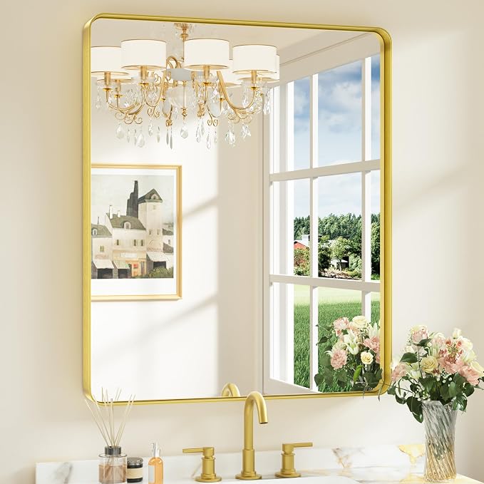 Keonjinn 30 x 36 Inch Brushed Gold Bathroom Vanity Mirror, Aluminum Frame | HD Tempered Glass, Brass Bathroom Mirrors for over Sink, Anti-Rust Aluminum Frame, Rounded Rectangle, French Cleat Mount