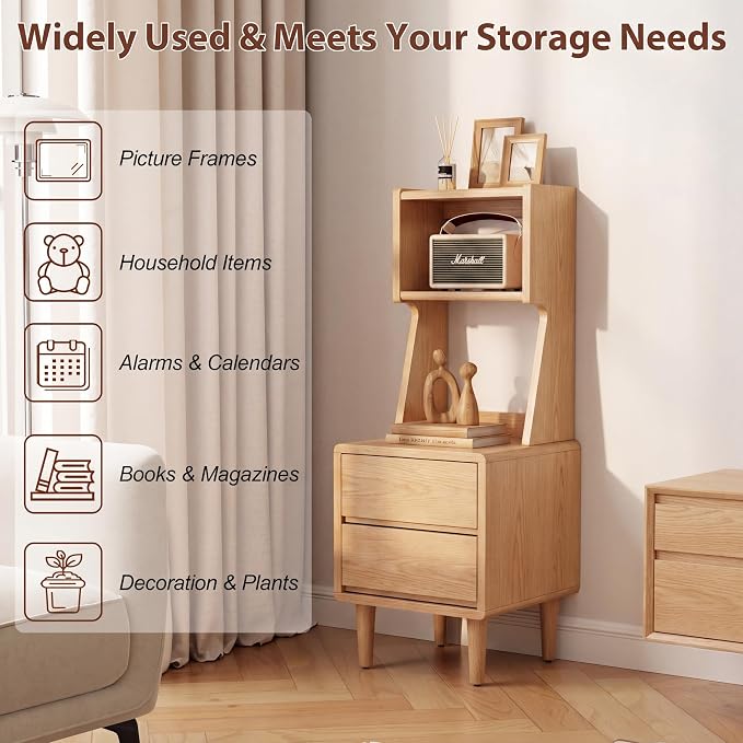 Solid Wood Bookshelf Nightstand Combo, Tall Nightstand with Bookshelf | Oak Nightstand Bookshelf,Solid Wood Nightstand with Drawers,Open Shelf Bookcase,for Bedroom,Living Room,Offices