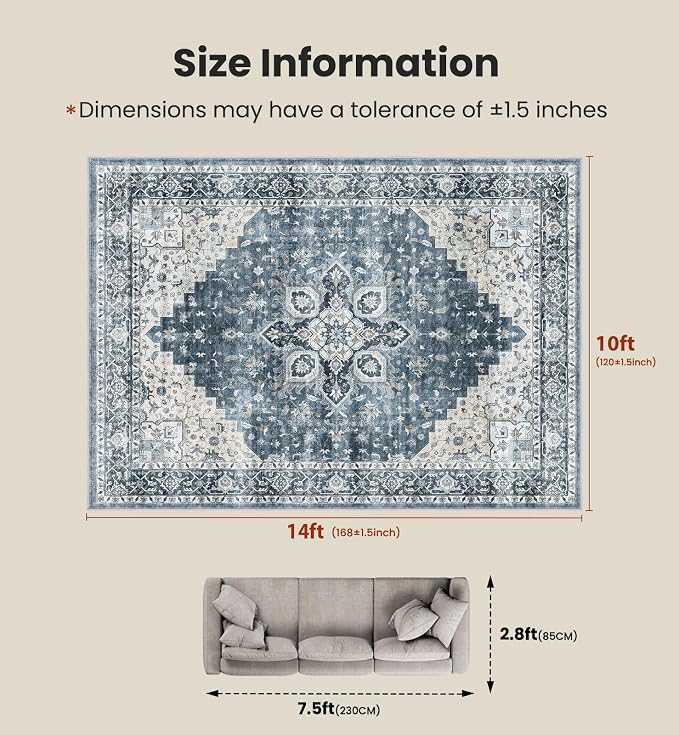 AMADA HOMEFURNISHING 10x14 Washable Area Rug, Low-Profile Large Area Rug with Non-Slip Backing & Durable Edge Binding, Vintage Large Rugs for Living Room, Bedroom & Dinning Room