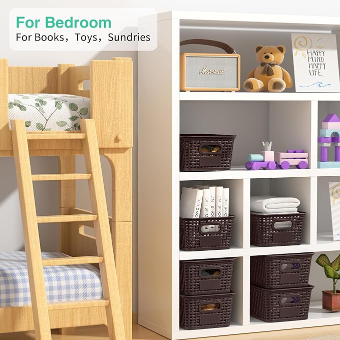 8 Pack Plastic Storage Baskets,Brown Stackable Bins with Lid | 5.3qt Storage Containers with Labels for Organizing Shelves Drawers Desktop Closet Playroom Classroom Office