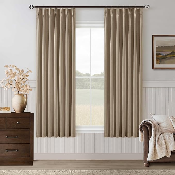 Light Brown 100% Blackout Pinch Pleated Linen 63 Inch Curtains with Liner | Memory Trained, Thermal Insulated, Heat Blocking, Black Out Curtains for Small Window Dining Room Bedroom 2 Panels W40xL63