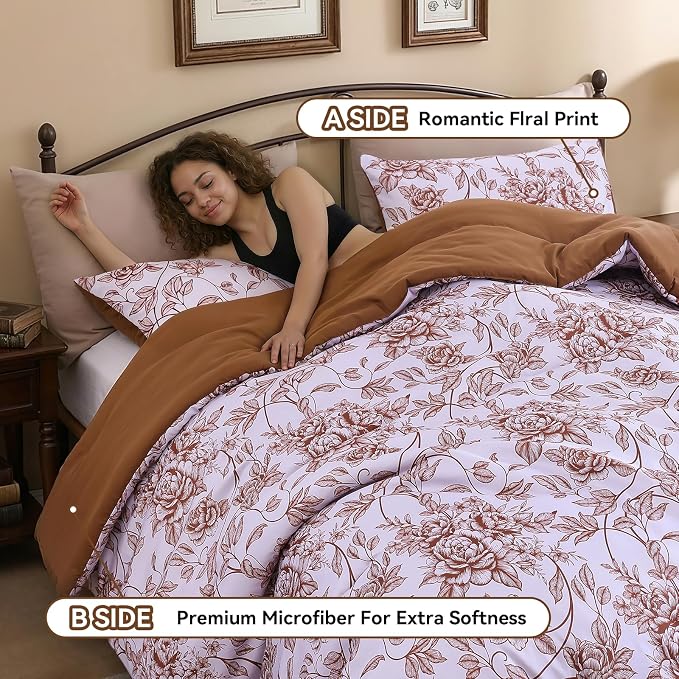 JANZAA Queen Size Comforter Set - Terracotta Floral Shabby Chic Bedding | 3 Piece Cute Floral Bedding for All Season, 1 Soft Fluffy Breathable Microfiber Comforter Set with 2 Pillowcases