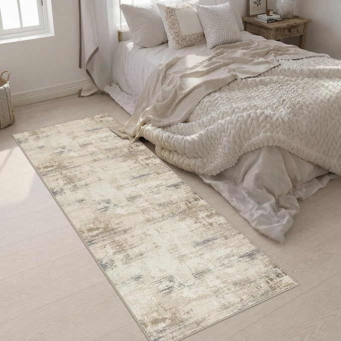 3x8 Washable Runner Rug：Modern Abstract Soft Carpet Beige Brown | For Hallway, Bedroom, Kitchen, Laundry, Bathroom,Door Mat,Modern Abstract,Machine washable,Non-Slip,Stain Resistant,Indoor