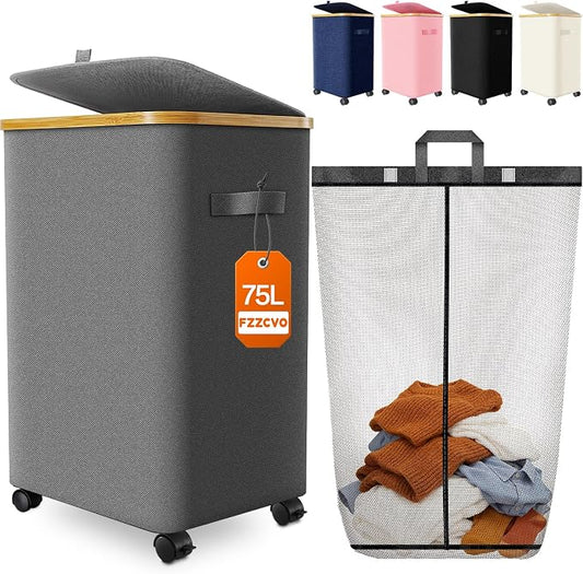 Laundry Hamper with Wheels, 75L Rolling Laundry Basket, Removable Inner Bag | Clothes Hampers for Laundry, Collapsible Dirty Clothes Hamper for Dorm, Bedroom, Bathroom, Laundry Room