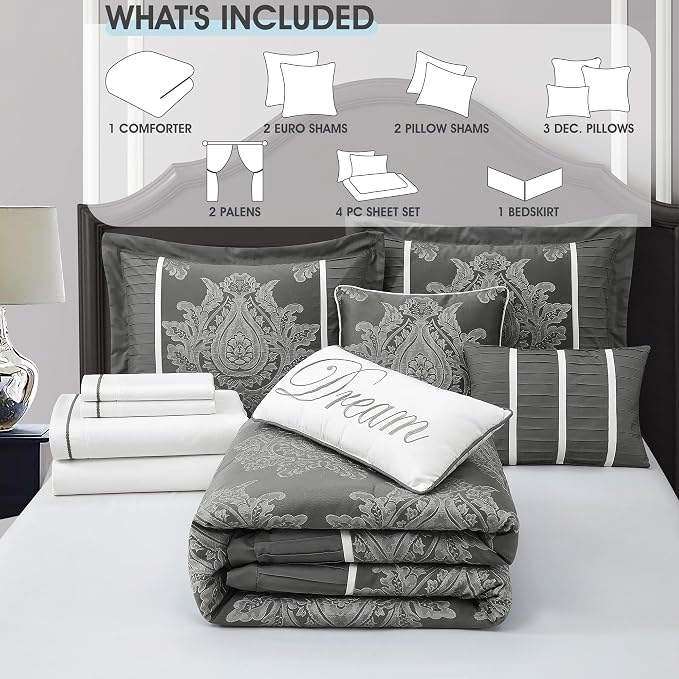 Grey King Size Comforter Set, 15 Pieces, Damask Jacquard Woven, Bedding Set with Sheets, Room in a Bag, Comforter, Bed Skirt, Pillow Shams and Decor Pillows, Curtains