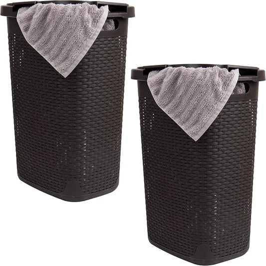 Mind Reader Slim Laundry Hamper with Lid, 60L Tall Clothes Basket, Narrow Tapered Design for Bathrooms, Closets and Laundry Rooms, Plastic, 2 Pack, Brown
