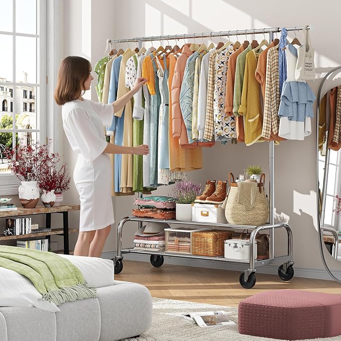 Simple Trending Heavy Duty Clothes Rack, Garment Rack with Extendable Side Rods & Bottom Shelves, 25mm Metal Clothing Rack with Wheels, Bedroom, Laundry Room, Silver