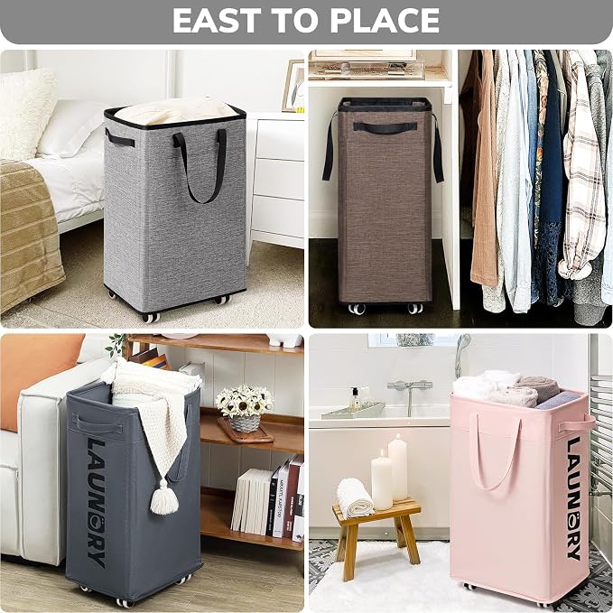 Goodpick 75L Laundry Basket with Wheels & Removable Wash Bag for Dorm | Rolling Laundry Hamper with Handle for Dirty Clothes, Fodable Hamper for College Dorm, Laundry Hamper on Wheels, Light Grey
