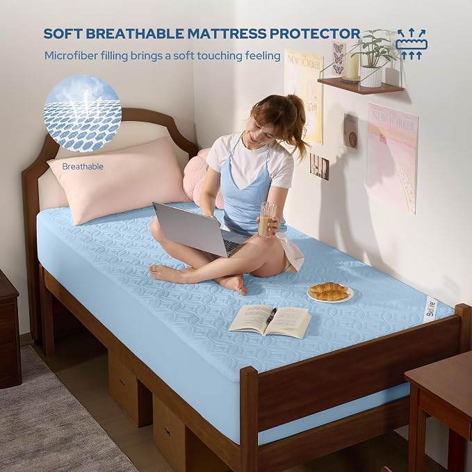 BEDLORE Waterproof Mattress Protector, Twin XL Size Mattress Pad | Deep Pockets Fit 6"-15" Mattresses, Soft Breathable Dirt-proof Bed Mattress Cover for Bedroom, College Dorm (Sky Blue)