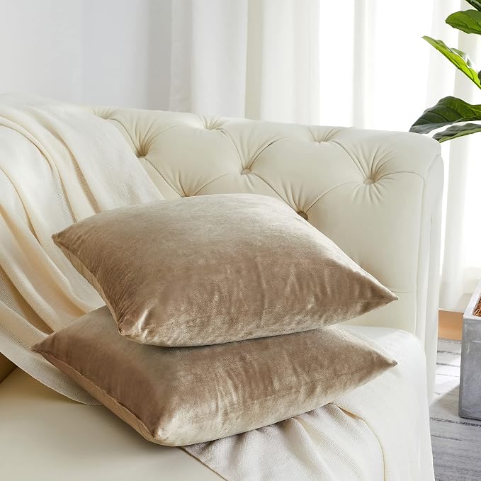 Decorative Throw Pillow Covers 20 x 20, Beige Taupe Khaki Sofa Pillow Covers Velvet, Set of 4 Decor Square Cushion Covers
