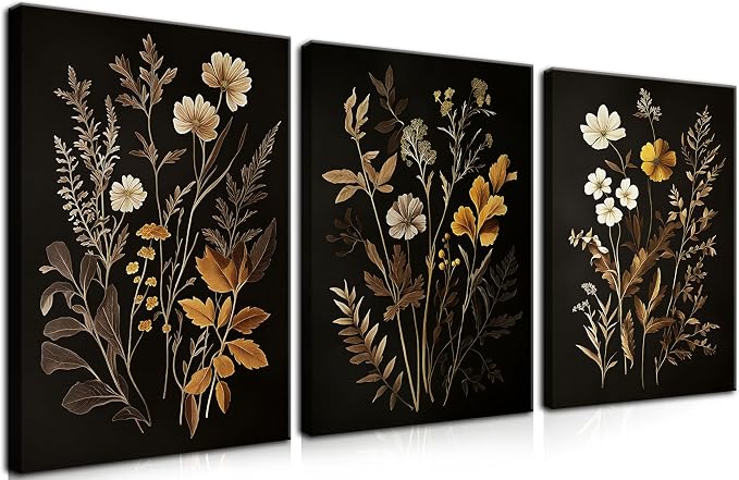 Vintage Black Flower Wall Art Decor Set of 3, Beautiful Wildflower Botanical Canvas Prints, Dark Academia Fall Floral Poster Painting Picture for Bedroom Living Room 16x24 Inch Framed