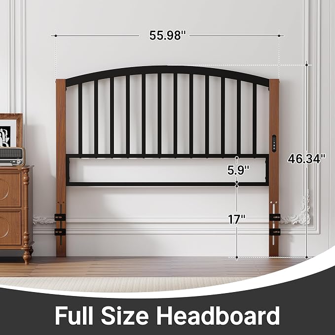 Weehom Metal Full Headboard Only with LED Lights and USB, Cherry Wood Grain | Freestanding full size headboard; adjustable height; USB charging station; modern bedroom design