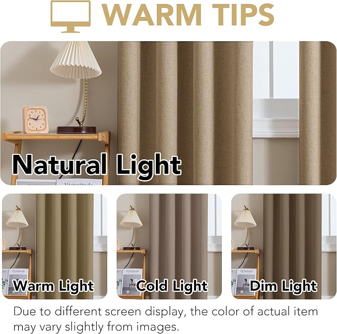 H.VERSAILTEX Linen Curtains 100% Blackout Curtains for Bedroom 120 inch Long Full Light Blocking Nature Linen Blended Window Curtains for Living Room Nickel Grommet (2 Panels, Heathered Macchiato)