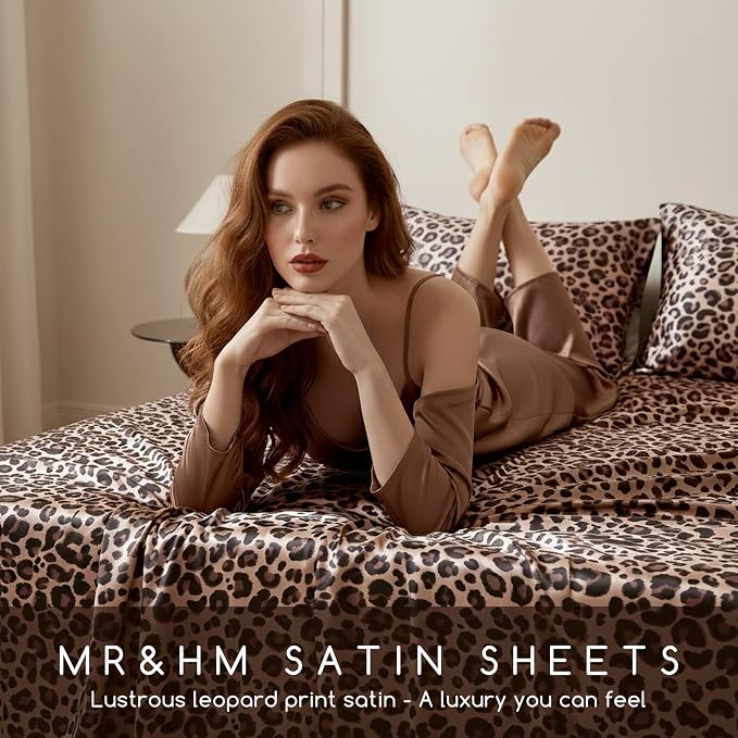 MR&HM Satin Sheets Twin Size with Elastic Corner Straps, Brown Leopard | Similar to Silk, 3-Piece Silky Soft Bed Sheet Set, Gentle on Skin and Hair, 15" Deep Pocket, Cooling & Breathable
