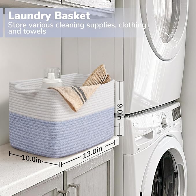 Goodpick Woven Storage Basket for Shelves, 13" x 10" x 9", Light Blue | Stylish Gift Basket for Home Decor, Cotton Rope Baskets for Dog Toys, Books & Shoes Storage, Closet & Shelf Organization