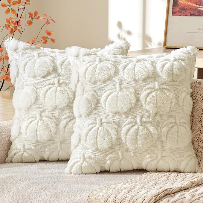 MIULEE Fall Pillow Covers Pumpkin Fall Decor 24x24 Cream White | Set of 2 Fall Decorations for Home, Plush Faux Fur Farmhouse Accent Pillowcases, Porch Sofa Couch Cushion Bed Livingroom