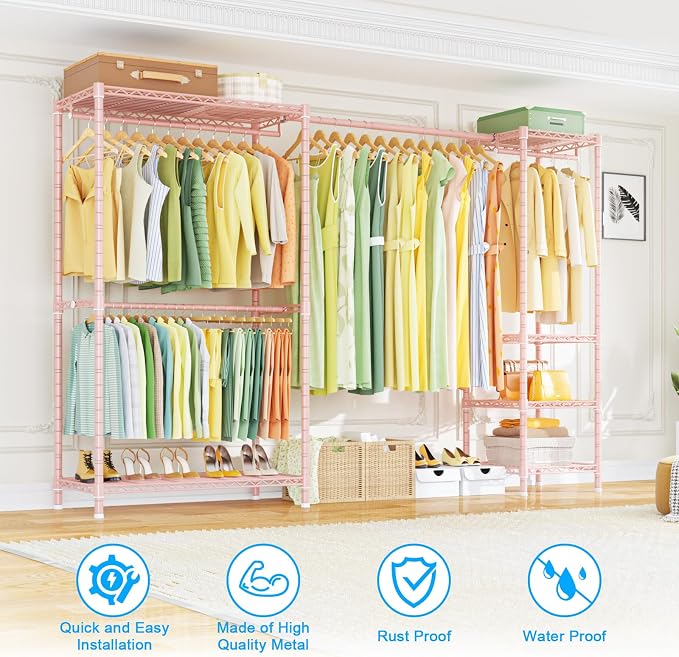 E10 Clothes Rack（With Stretchable Hanger Rod）Freestanding Clothing Racks for Hanging Clothes，Adjustable Closet Organizer System，Portable Garment Rack 73-97"W x 15" D x 72" H，Max Load 800LBS，Pink