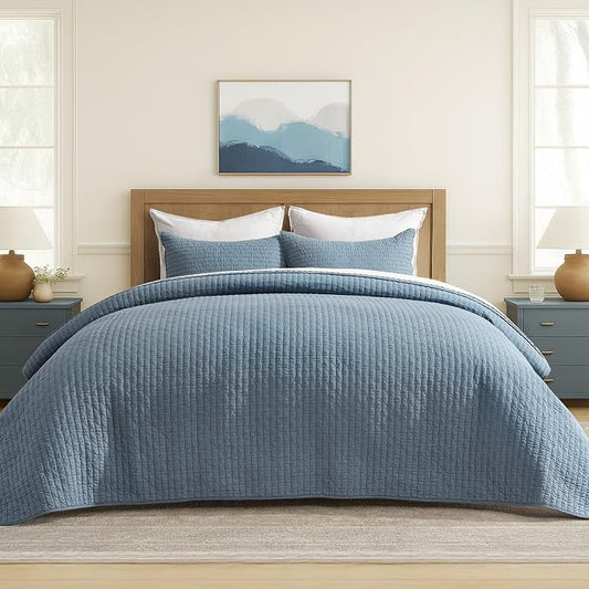 100% Cotton Cross Stitch 3-Piece Quilt Set, 118"x106", Dusty Blue | Cross Stitch Cotton Quilt, Pre-Washed Bedding Set, Oversized Lightweight Bedspread Coverlet, for All Season, with 2 Shams