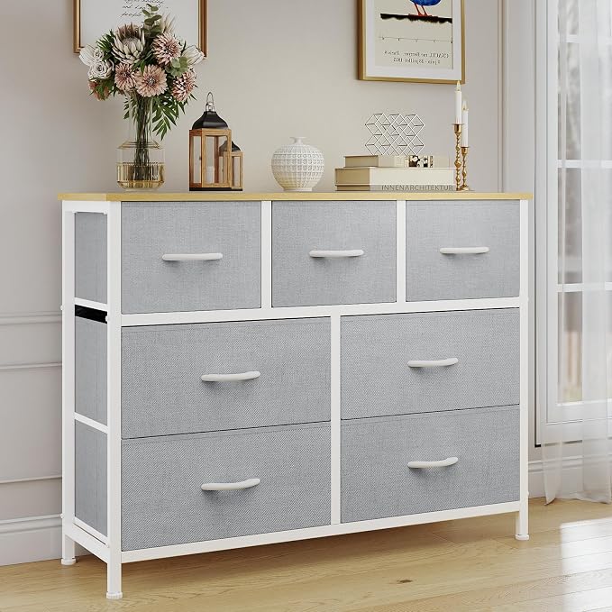 OLIXIS 7 Drawer Fabric Dresser, Storage Tower for Bedroom and Closet | Easy-Pull Bins for Closet Organizers, Chest of Drawers with Steel Frame & Wooden Top for Living Room, Entryway, Light Gray